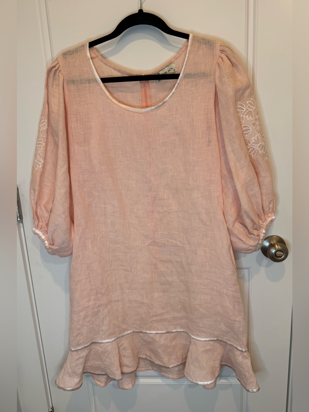 Fanm Mon Mardin Dress Women's Size M Peach 100% Linen Embroidered Puff Sleeve - Picture 2 of 10